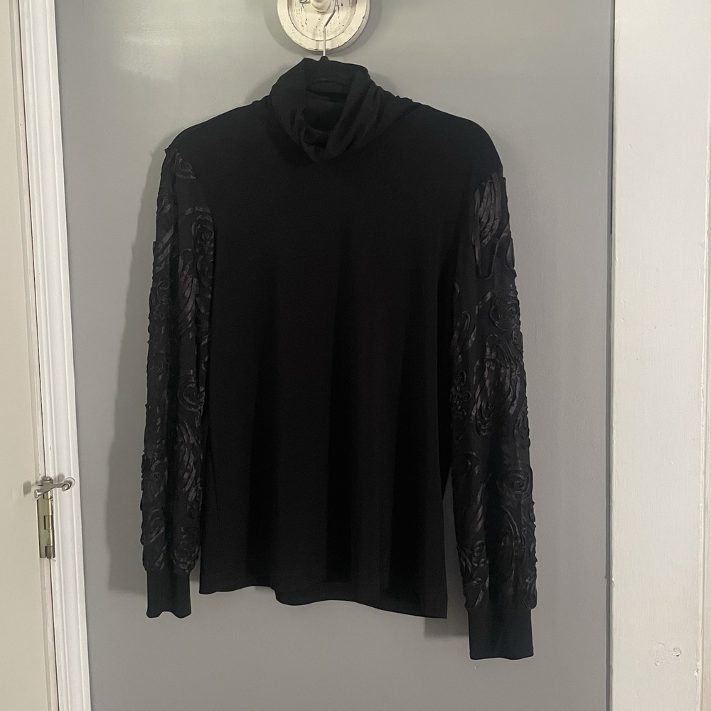 Joseph Ribkoff Black Turtleneck Top With Mesh Soutache Sleeves Style Size 12